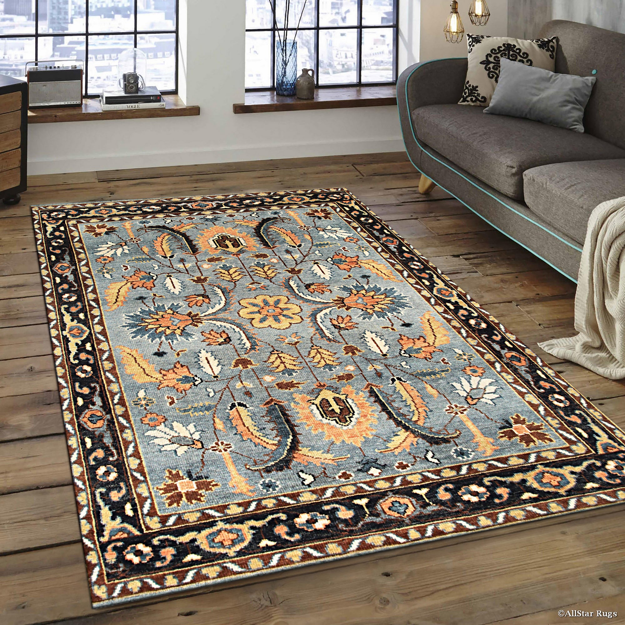 Navy Traditional All Over Hand-Knotted Wool Area Rug, 9' x 12'