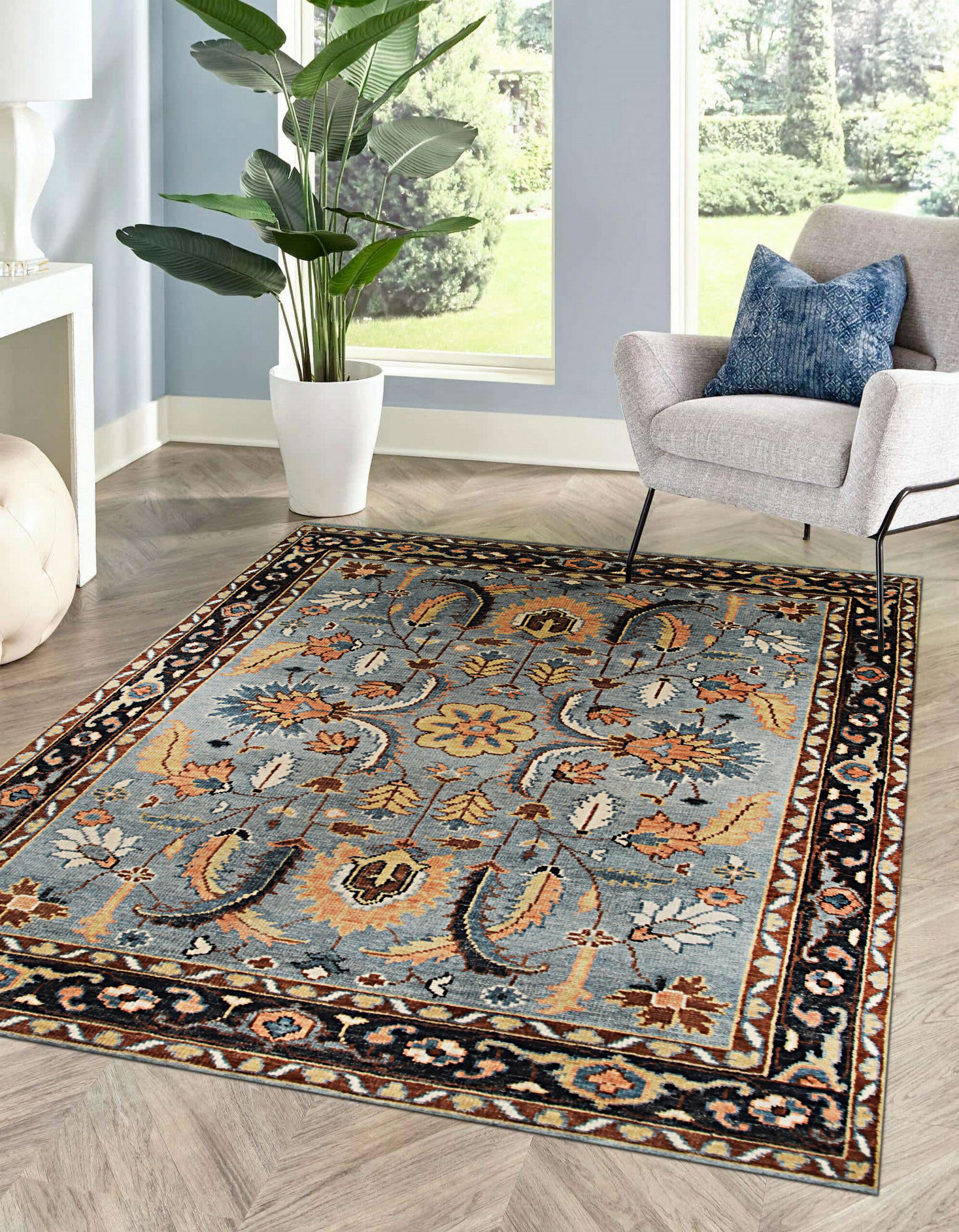 Navy Traditional All Over Hand-Knotted Wool Area Rug, 9' x 12'