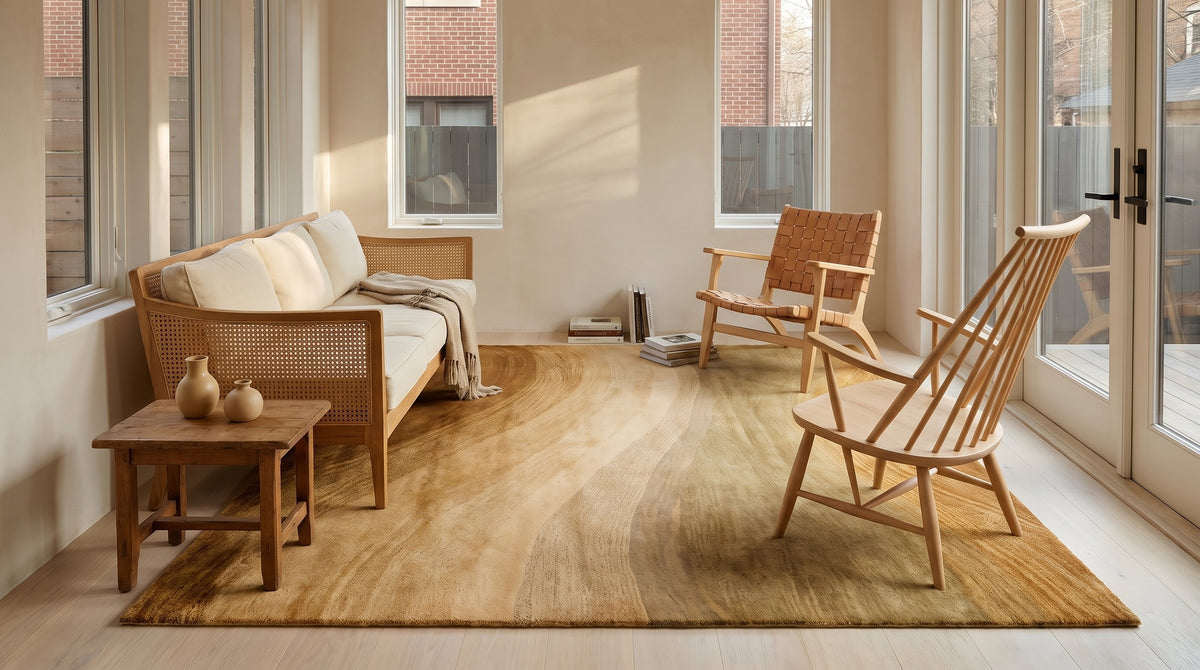 Nina Stylish Beige Hand Tufted Wool Rug in a sunroom
