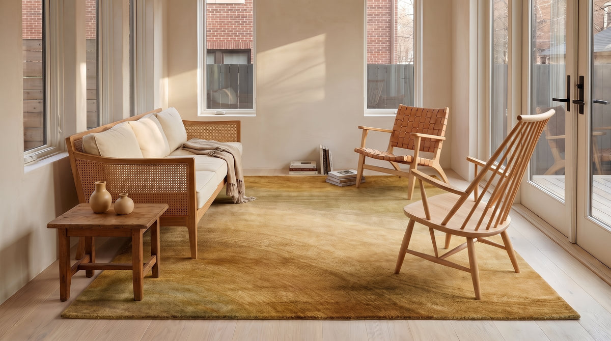Nina Stylish Beige Hand Tufted Wool Rug in a sunroom