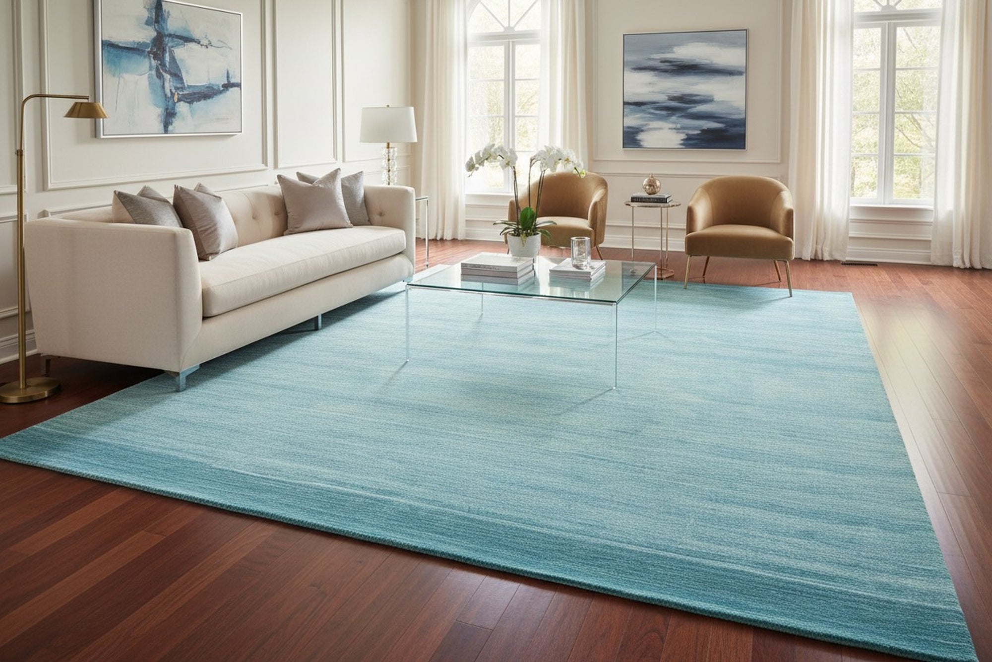 Blue contemporary solid handmade wool and viscose area rug