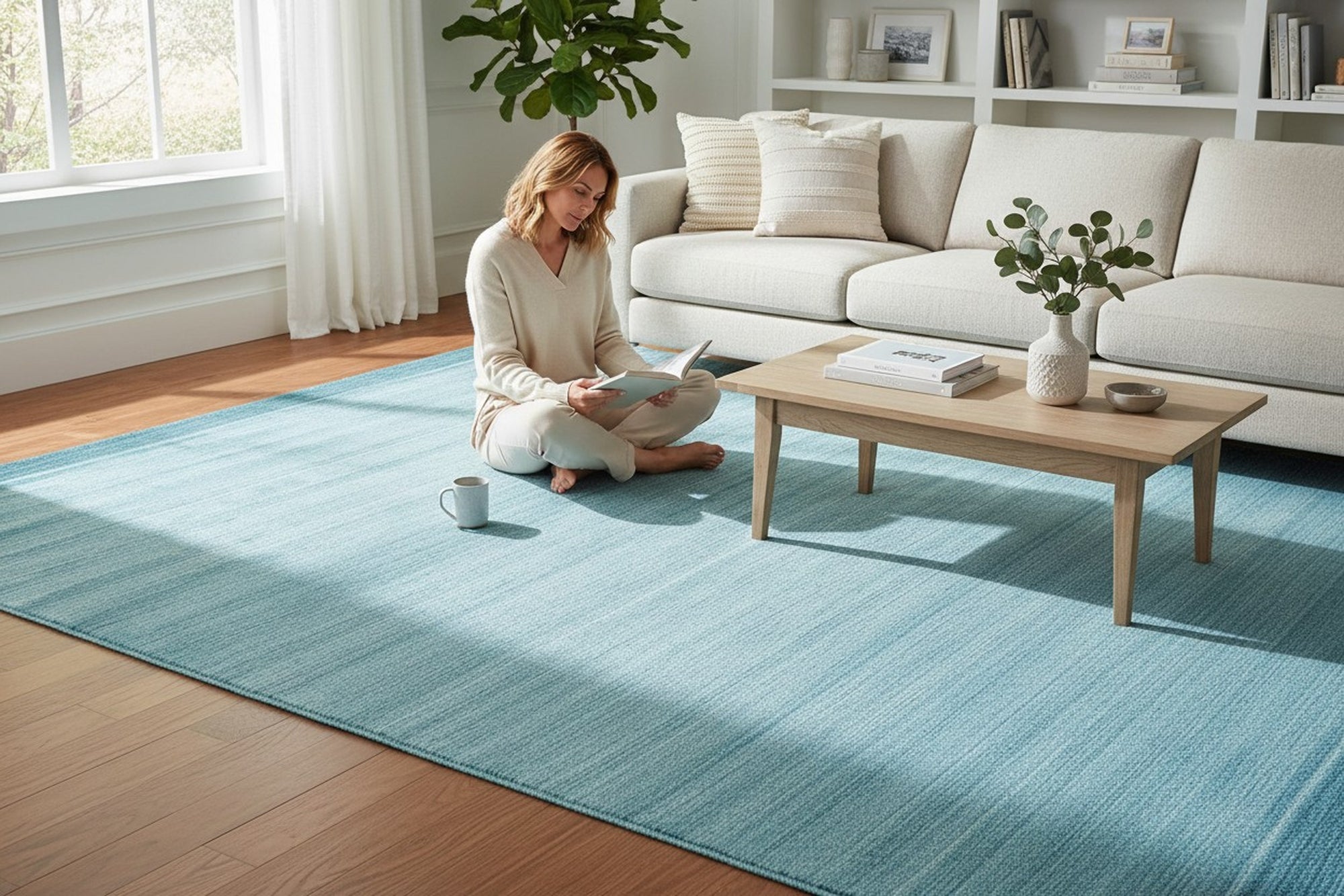 Blue contemporary solid handmade wool and viscose area rug