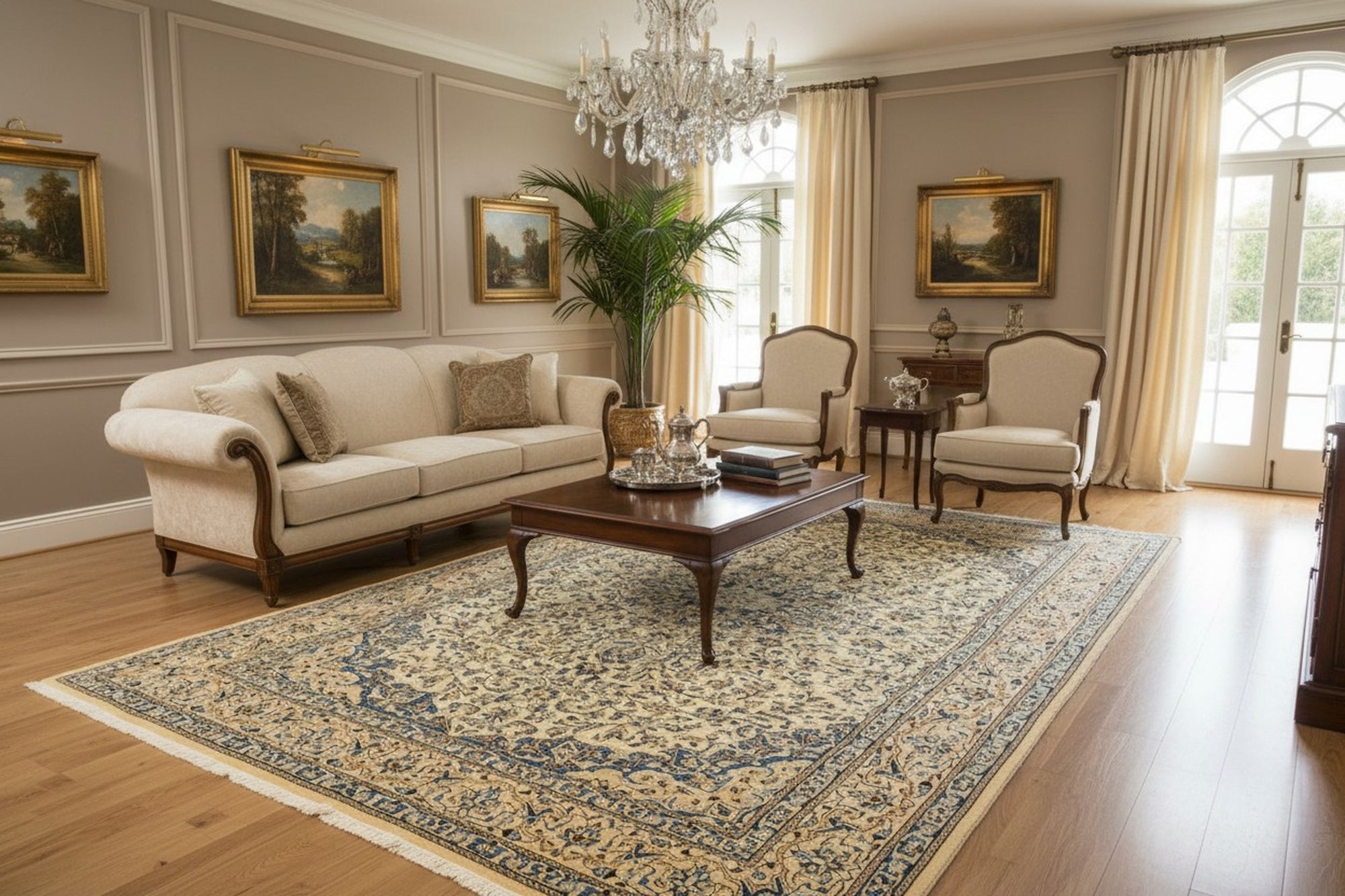 Ivory Naiin traditional oriental hand-knotted wool and silk area rug