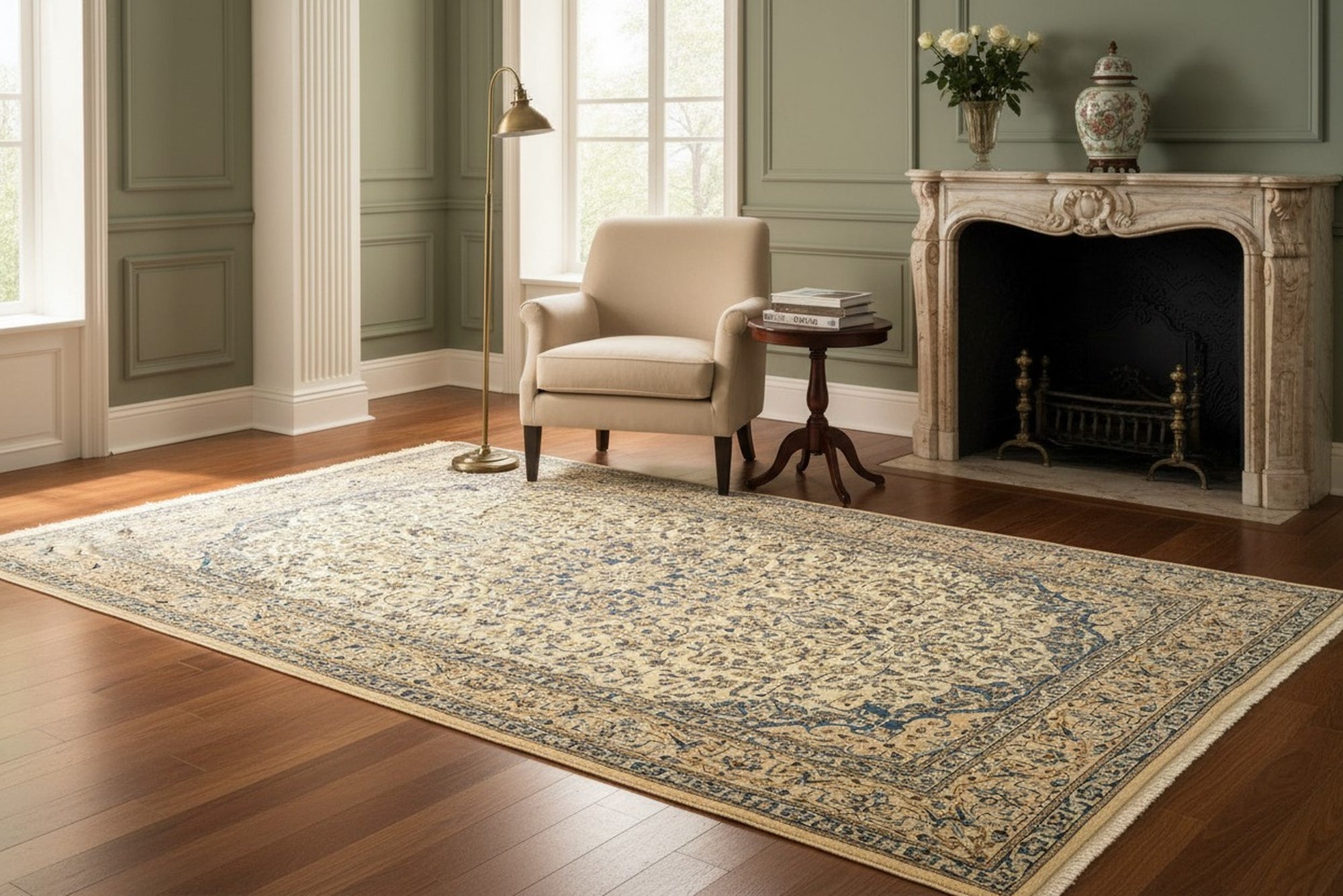 Ivory Naiin traditional oriental hand-knotted wool and silk area rug