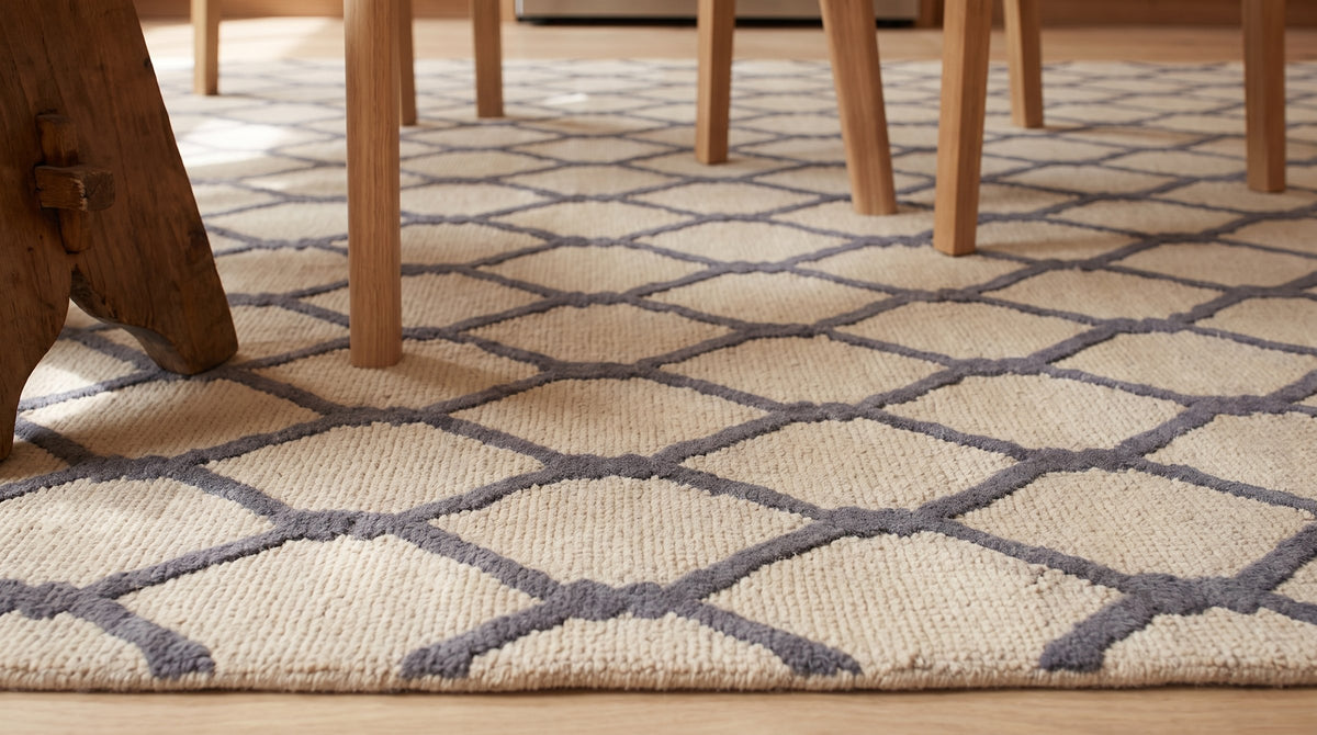 Ophelia Timeless Beige Hand Tufted Wool Rug in a kitchen