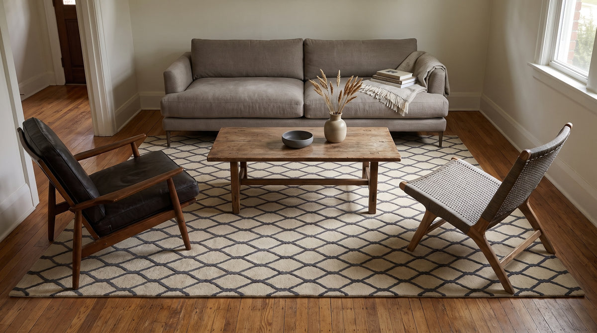 Ophelia Timeless Beige Hand Tufted Wool Rug in a living room