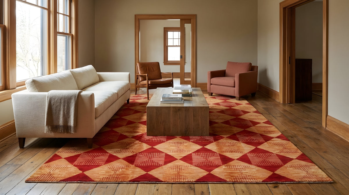 Opulent Classic Red Hand Knotted Afghan Wool Rug in a living room