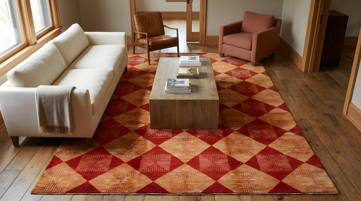 Opulent Classic Red Hand Knotted Afghan Wool Rug in a living room