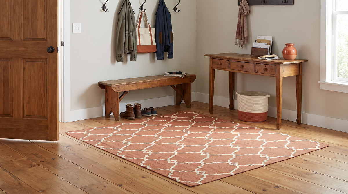 Opulent Delicate Orange Hand Knotted Rug in a entryway