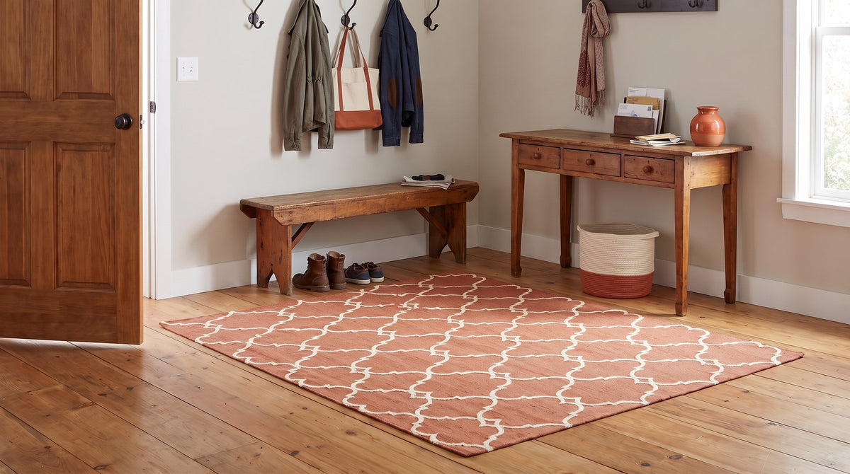 Opulent Delicate Orange Hand Knotted Rug in a entryway