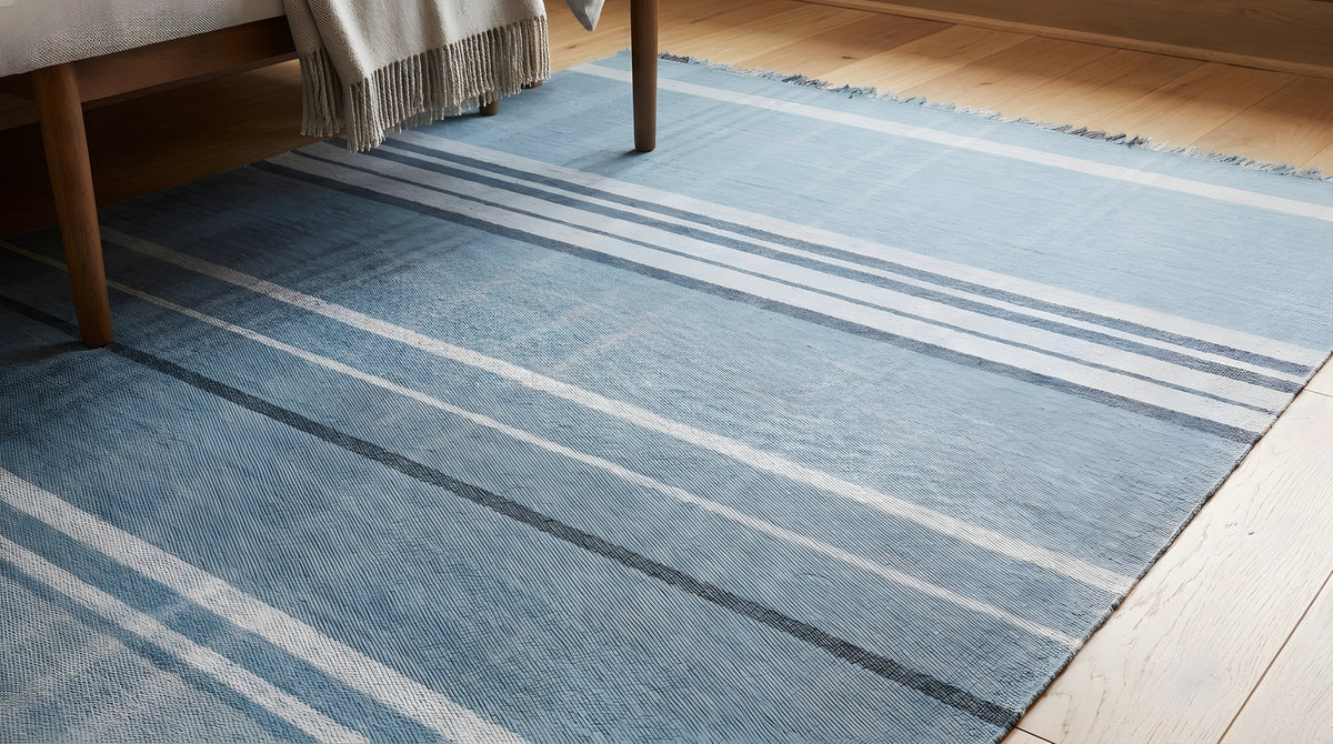 Opulent Majestic Blue Flatweave Wool Rug in a bedroom