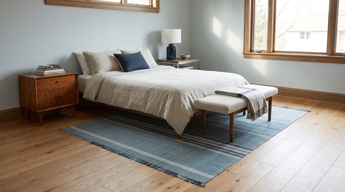 Opulent Majestic Blue Flatweave Wool Rug in a bedroom