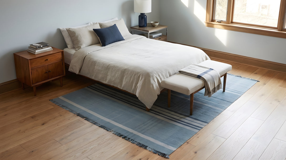 Opulent Majestic Blue Flatweave Wool Rug in a bedroom