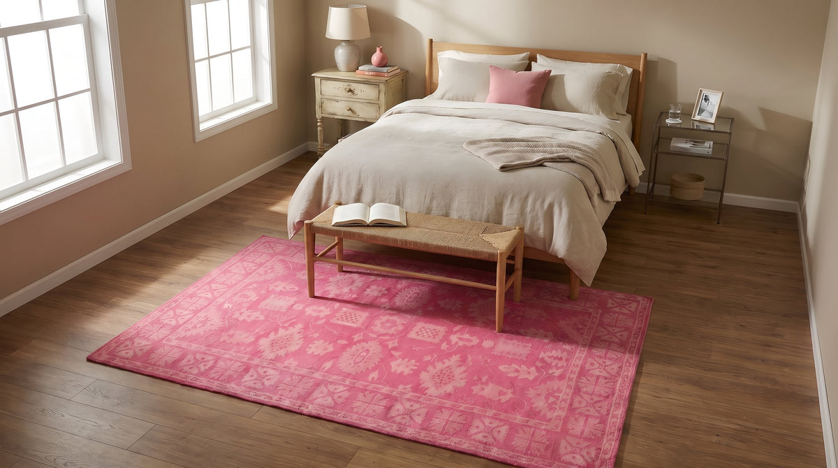 Opulent Oriental Pink Hand Tufted Wool Rug in a bedroom