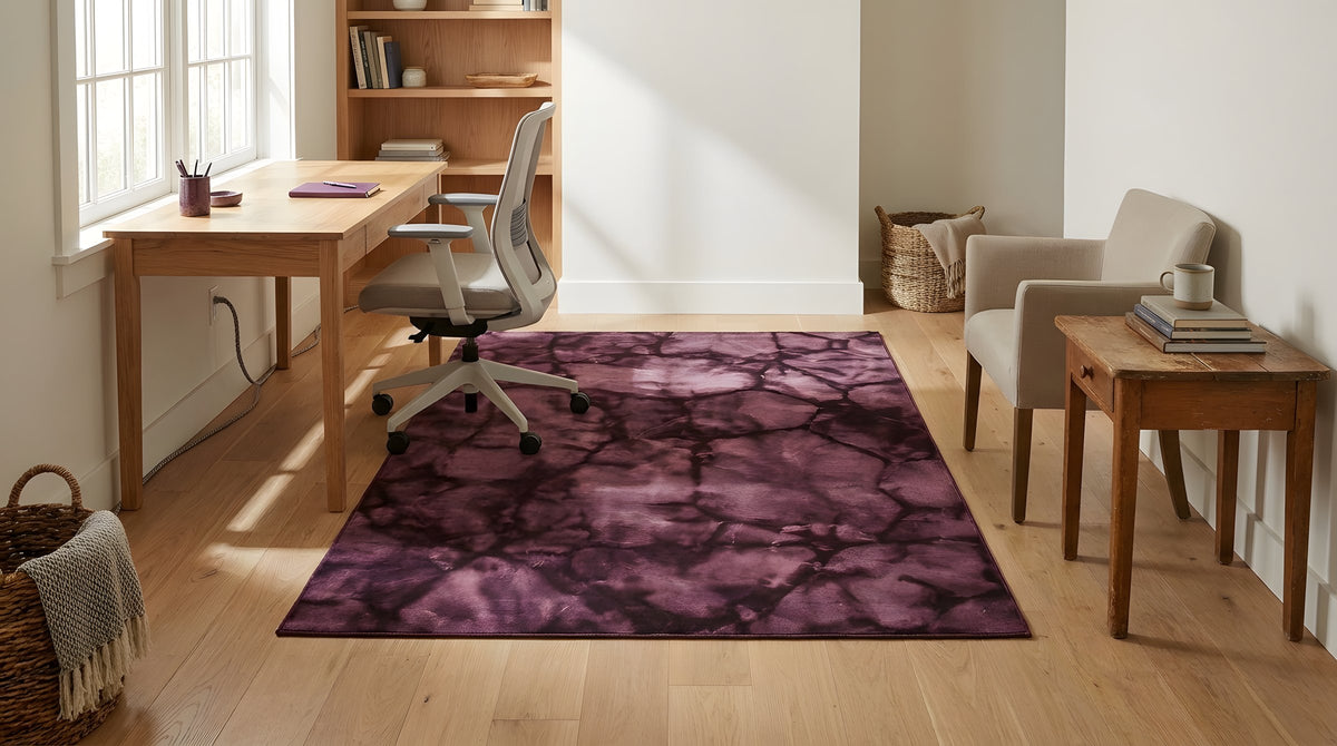 Opulent Rhea Purple Hand Knotted Wool Rug in a home office