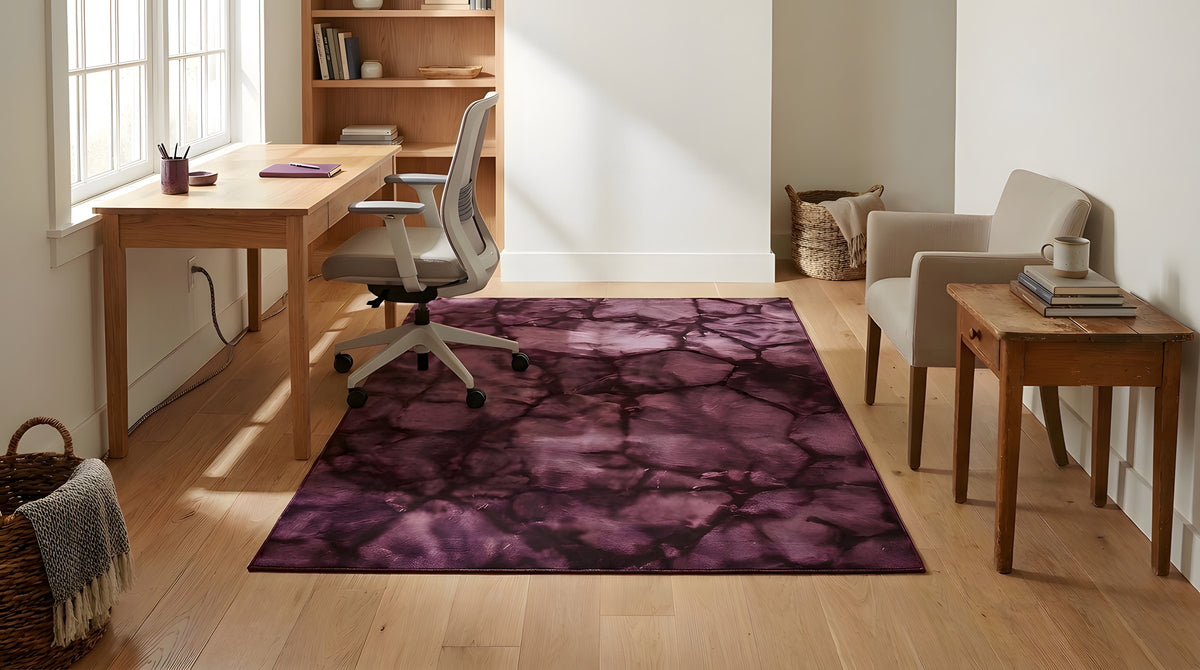 Opulent Rhea Purple Hand Knotted Wool Rug in a home office