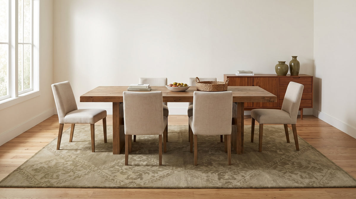 Para Bespoke Beige Hand Knotted Wool Rug in a dining room