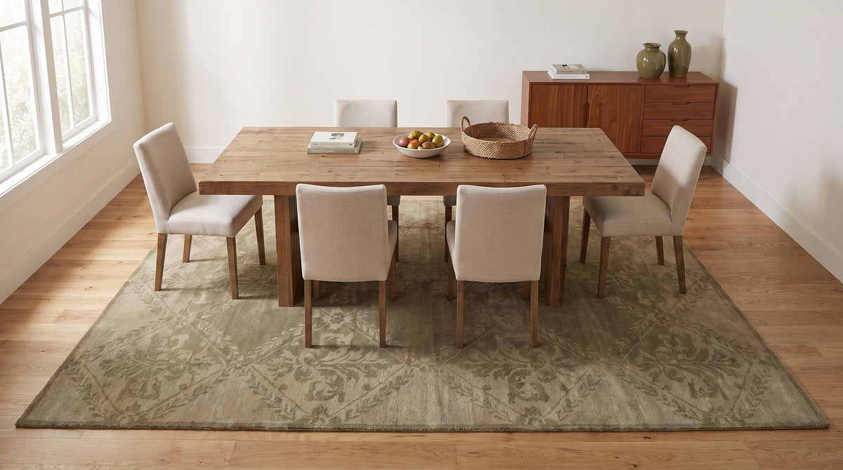 Para Bespoke Beige Hand Knotted Wool Rug in a dining room