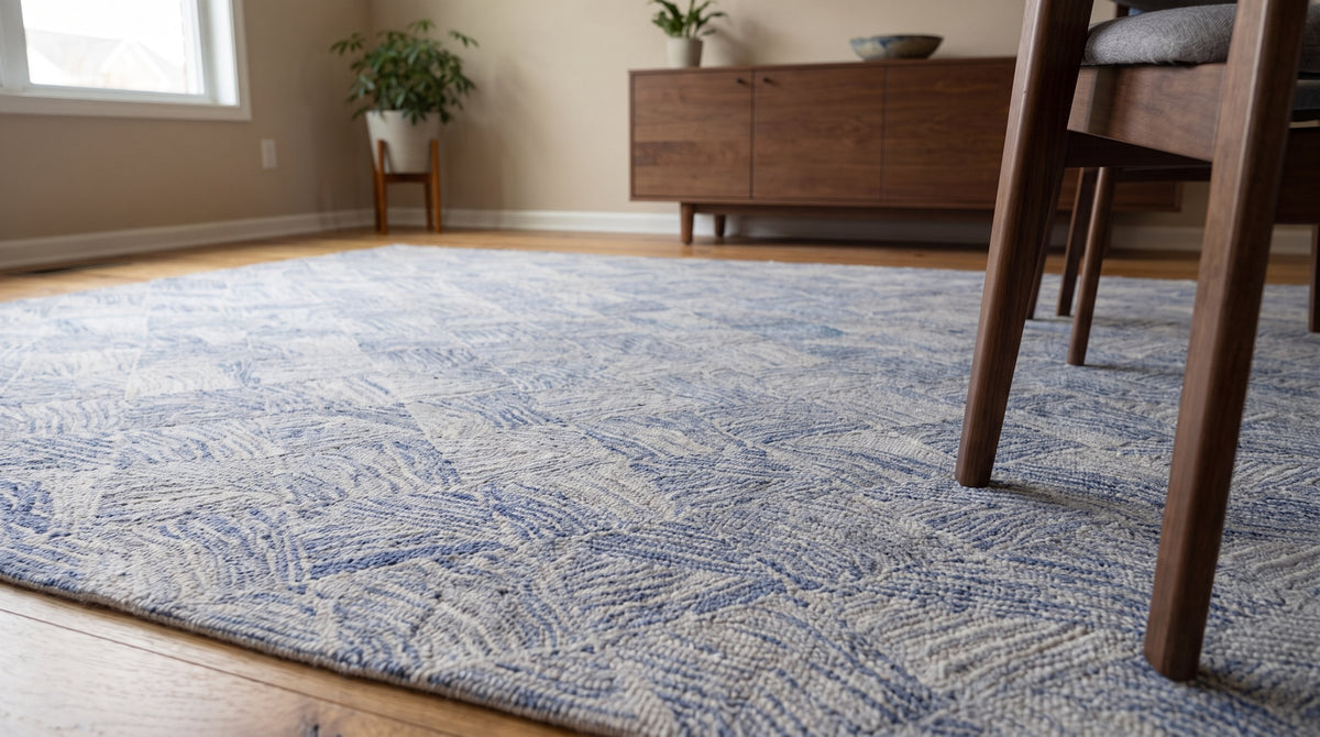 Para Nadia Blue and Ivory Hand Tufted Wool Rug in a dining room