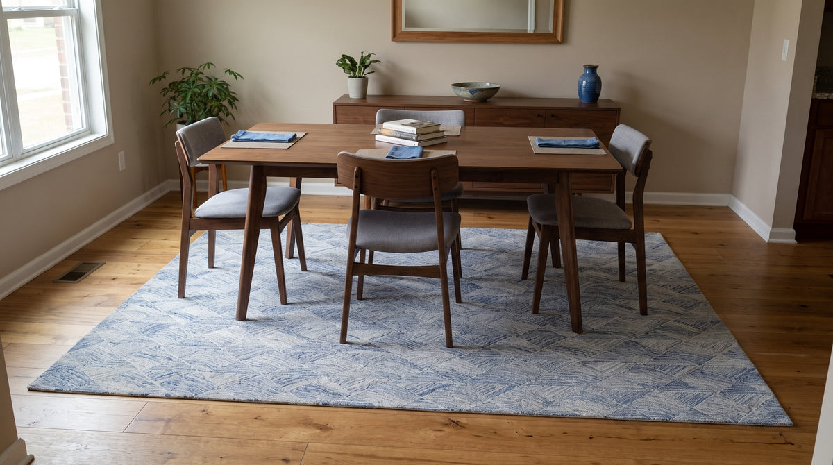 Para Nadia Blue and Ivory Hand Tufted Wool Rug in a dining room