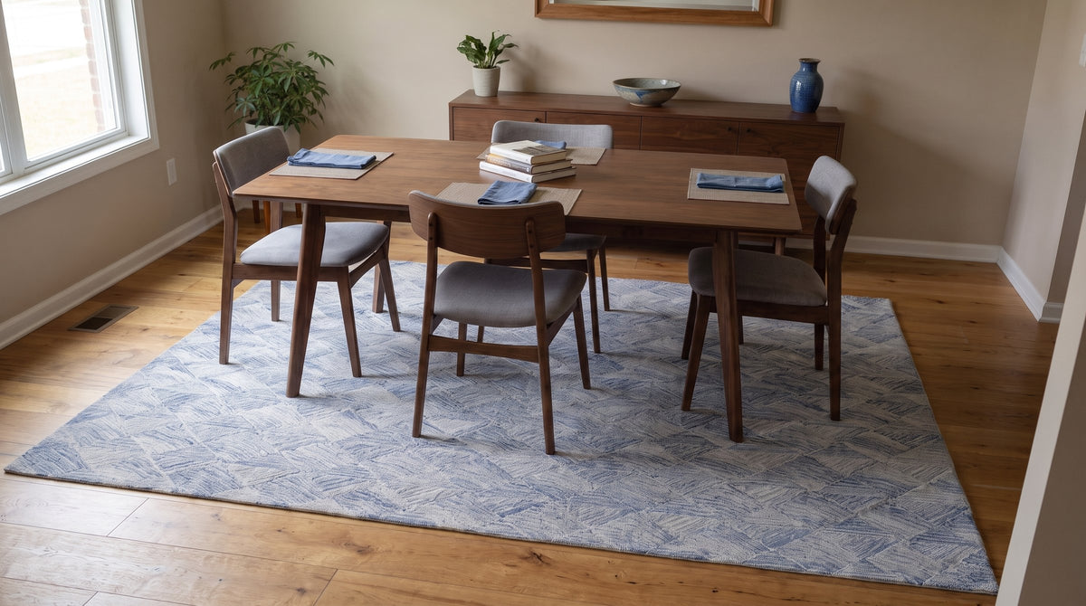 Para Nadia Blue and Ivory Hand Tufted Wool Rug in a dining room