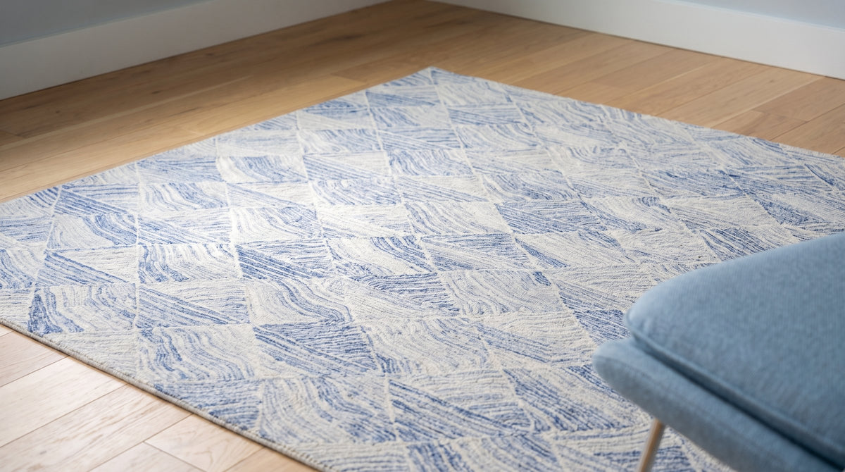 Para Nadia Blue and Ivory Hand Tufted Wool Rug in a reading nook