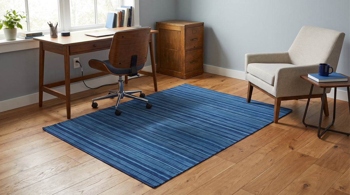 Para Penelope Blue Flatweave Wool Rug in a home office