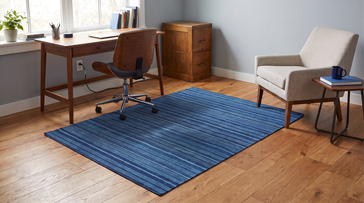 Para Penelope Blue Flatweave Wool Rug in a home office