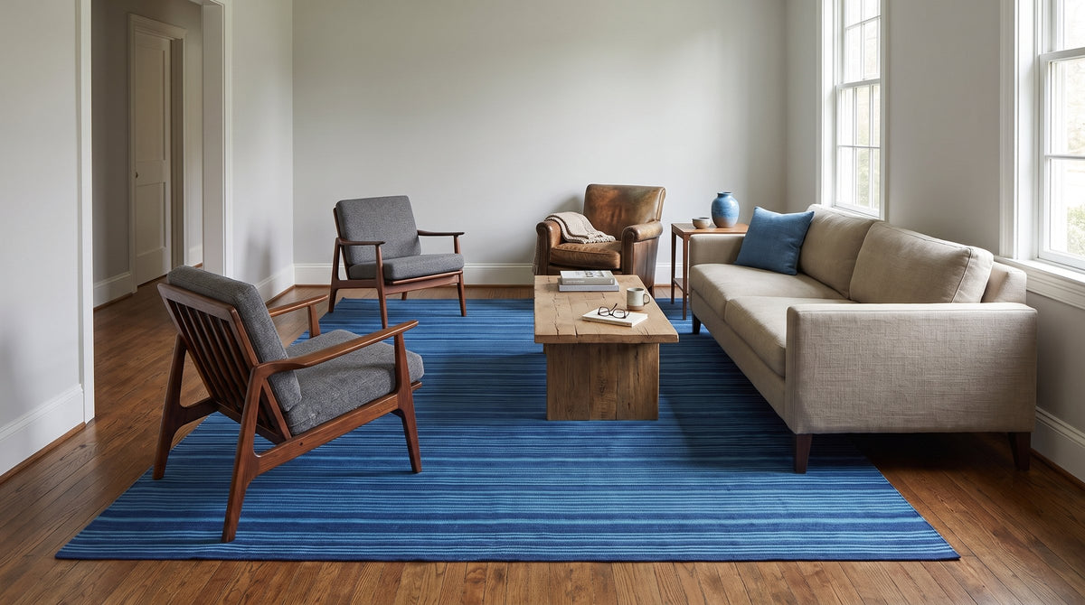 Para Penelope Blue Flatweave Wool Rug in a living room