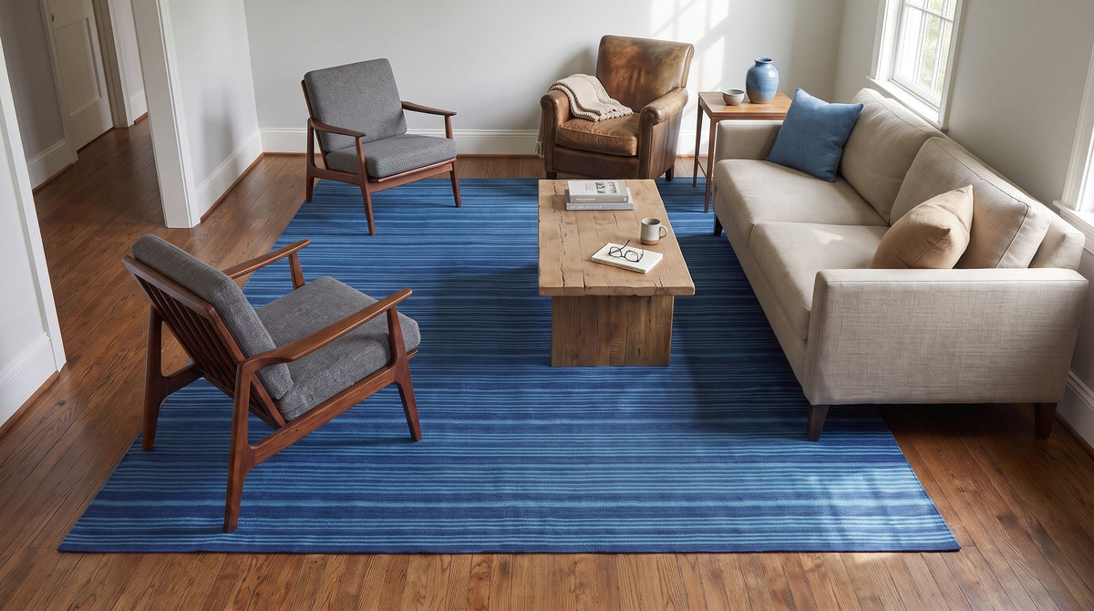 Para Penelope Blue Flatweave Wool Rug in a living room