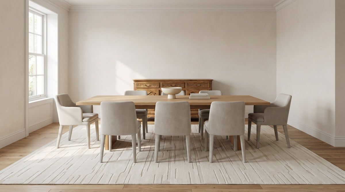 Para Vibrant White Hand Knotted Wool Rug in a dining room