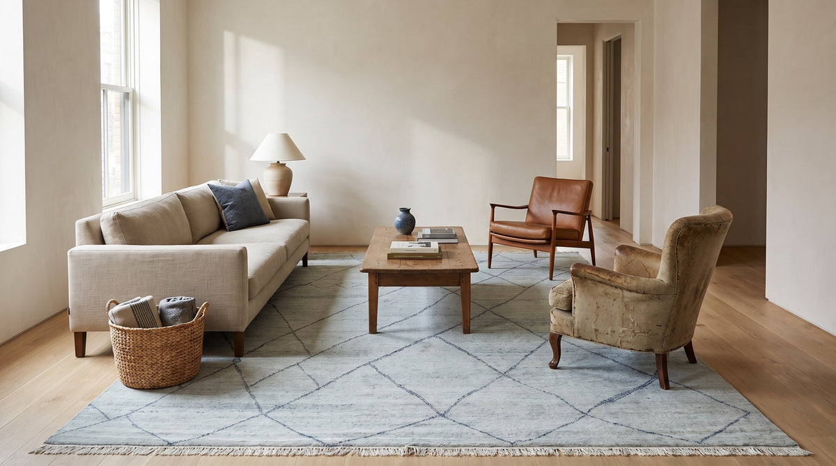 Penelope Diamond Silver Hand Knotted Wool Rug in a living room
