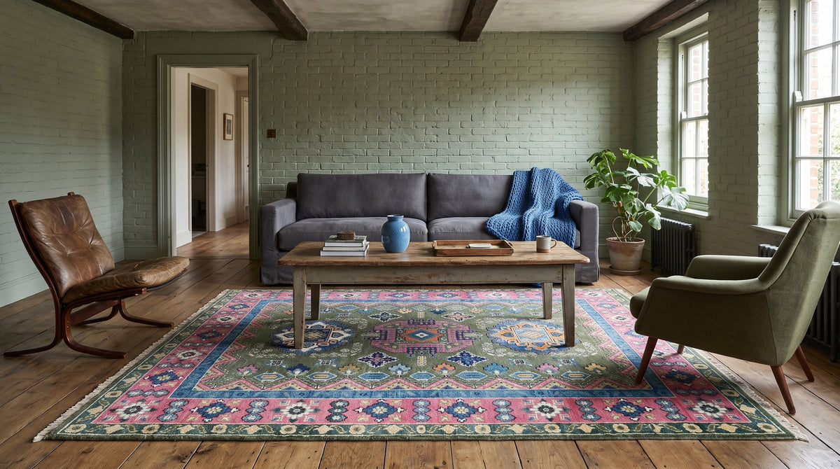 Penelope Kazak Green Hand Knotted Wool Rug in a living room