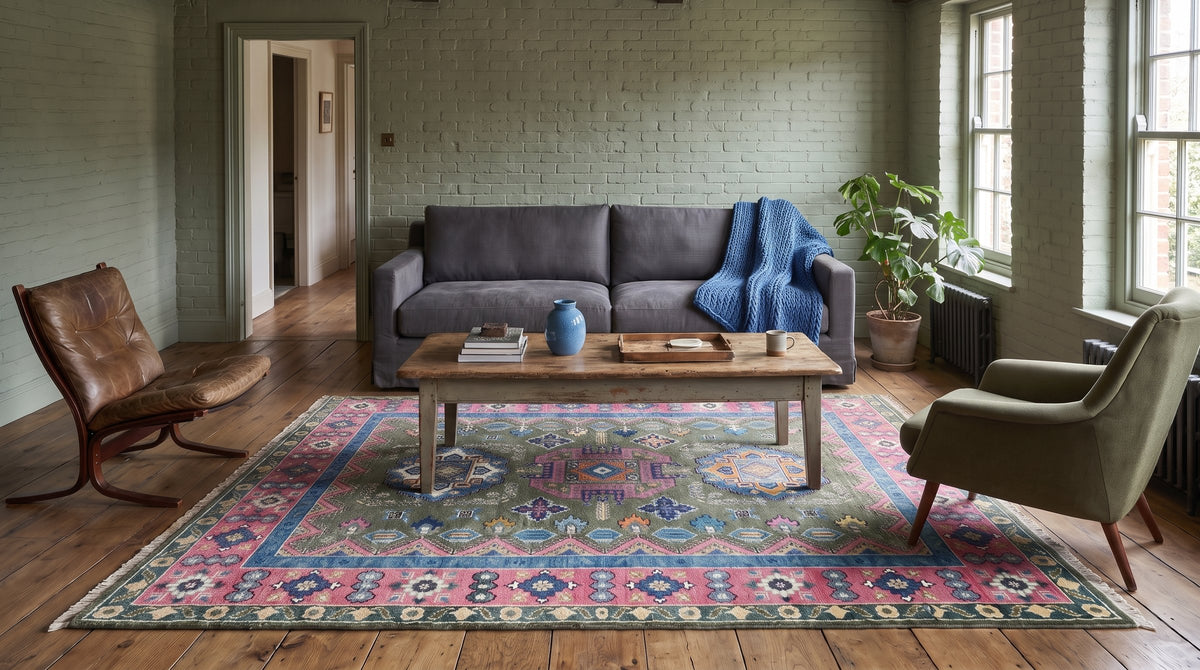 Penelope Kazak Green Hand Knotted Wool Rug in a living room