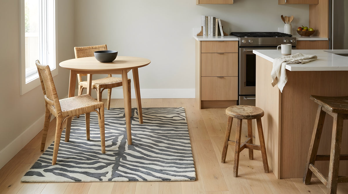 Penelope Stylish Gray Hand Tufted Wool Rug in a kitchen