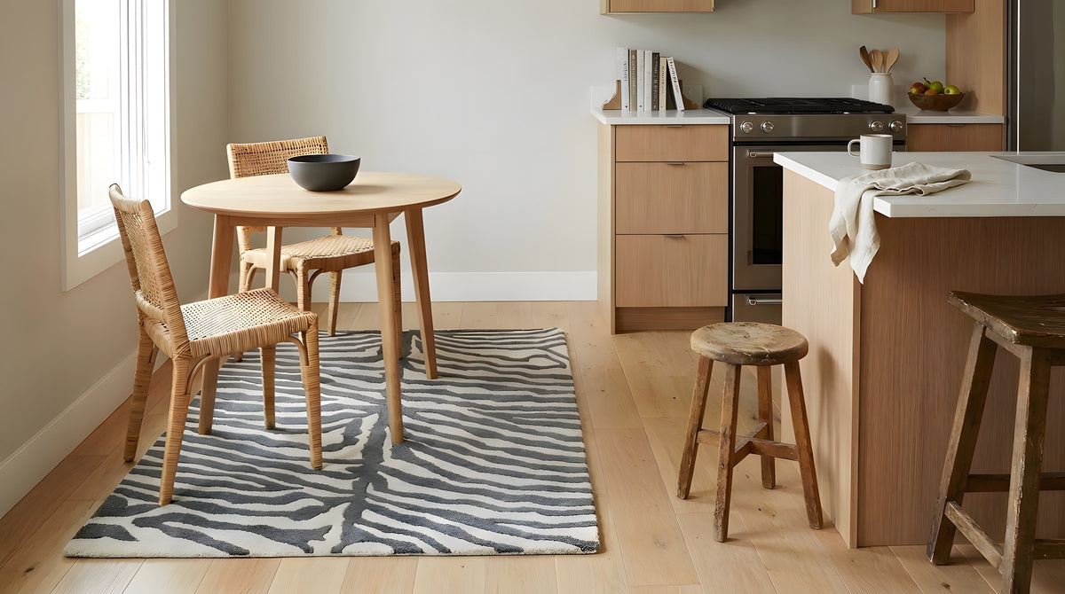 Penelope Stylish Gray Hand Tufted Wool Rug in a kitchen
