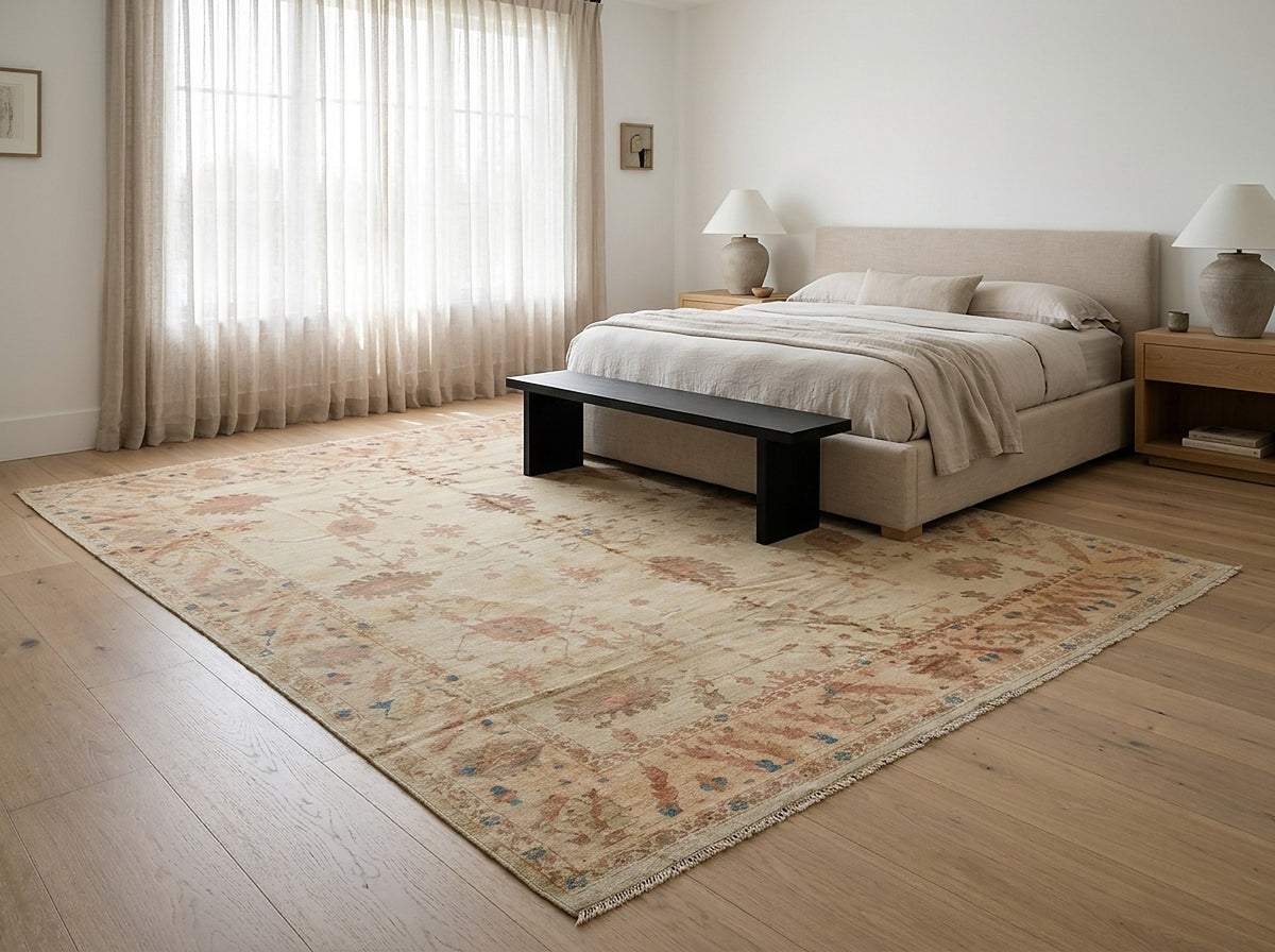 Peshawar Hand Knotted Wool Rug, Gold and Rust Oushak Design styled in a bedroom