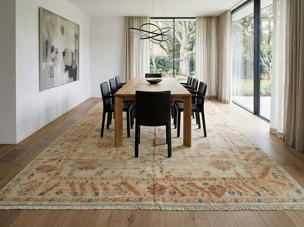 Peshawar Hand Knotted Wool Rug, Gold and Rust Oushak Design styled in a dining room
