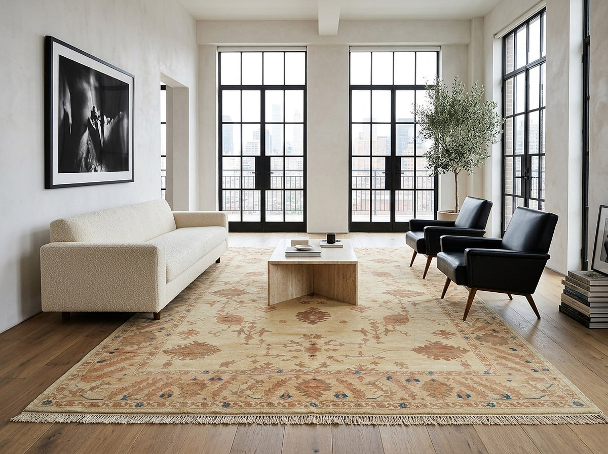Peshawar Hand Knotted Wool Rug, Gold and Rust Oushak Design styled in a living room