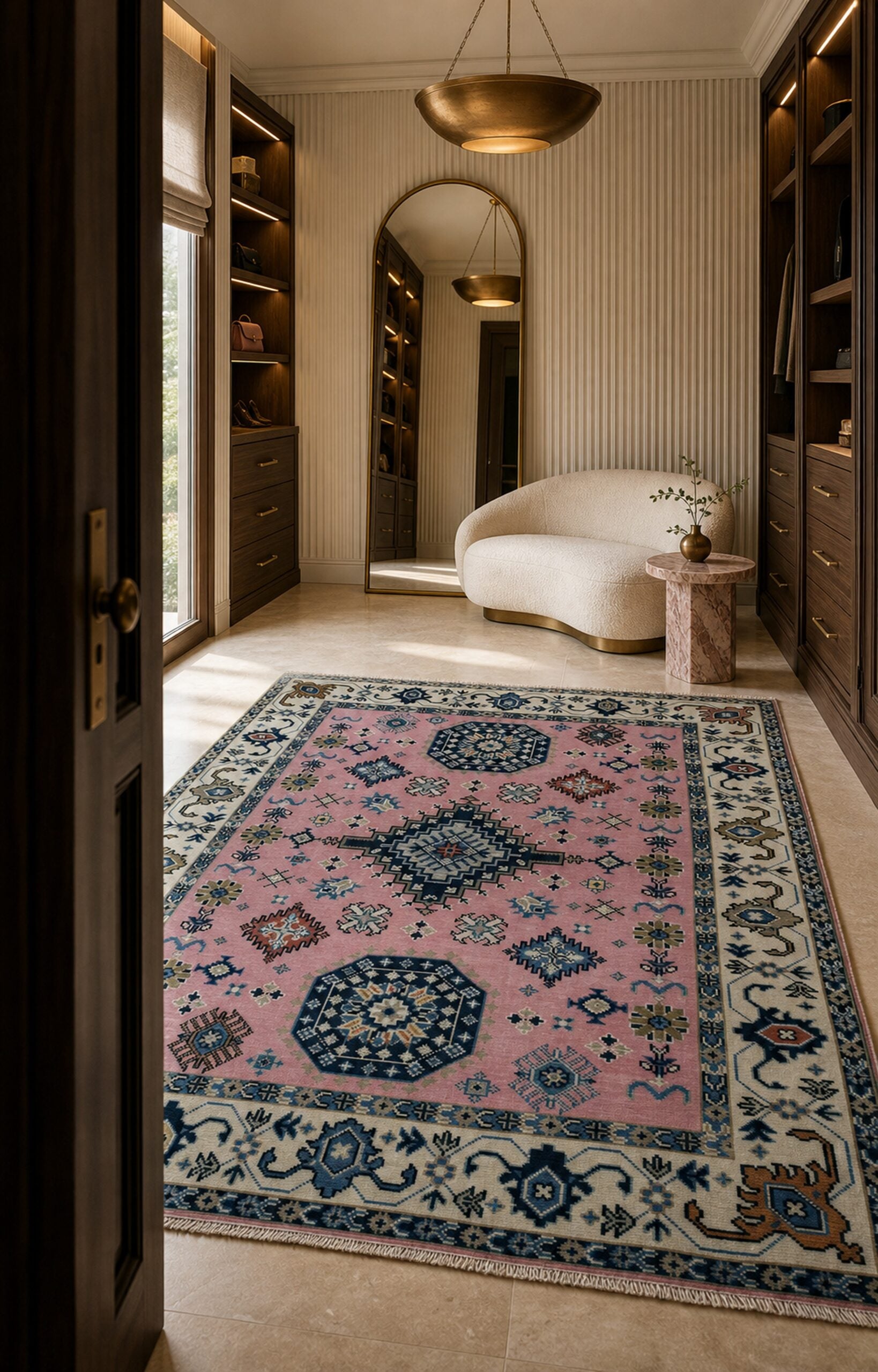 Pink and ivory Kazak rug in a dressing room