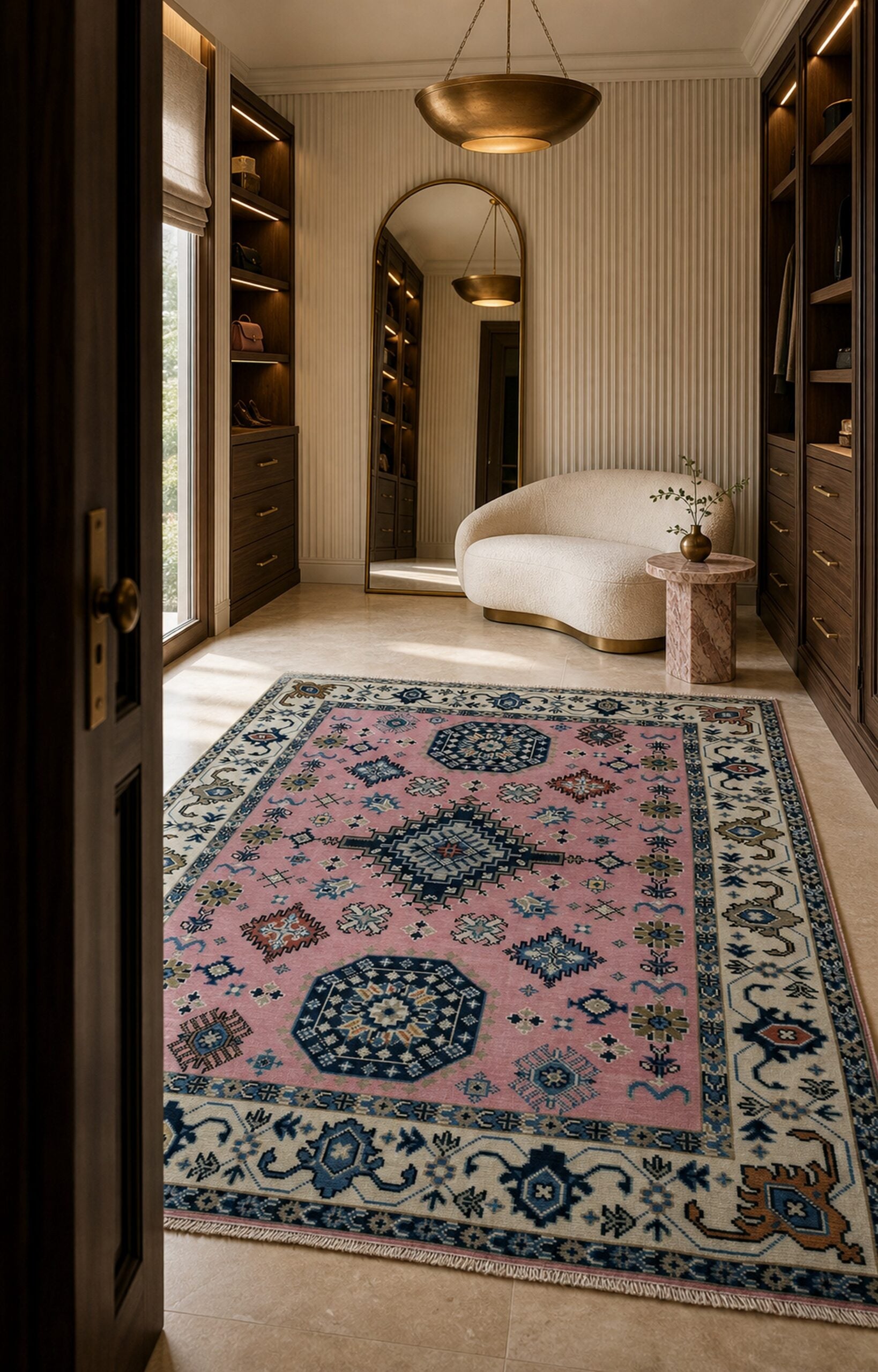 Pink ivory Kazak rug styled in a dressing room
