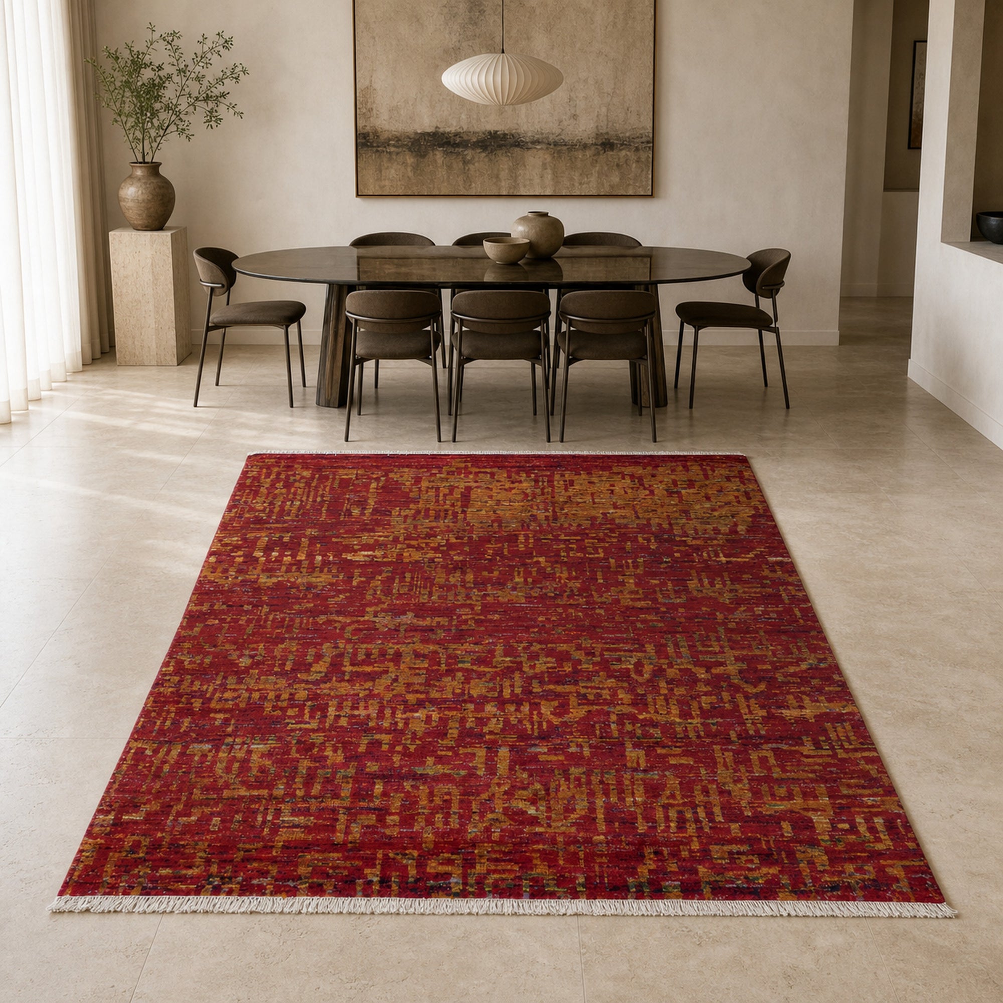 Red abstract sari-silk Anand rug in a gallery-style dining room