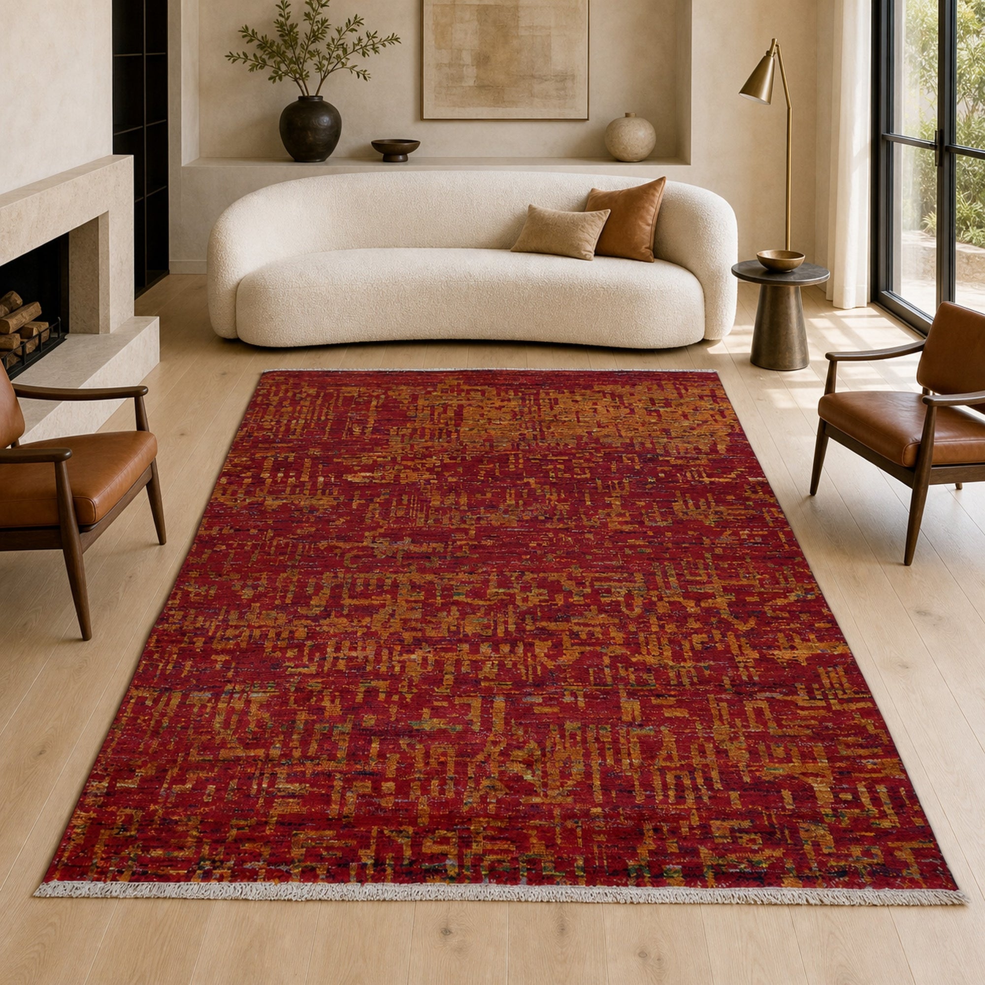 Red sari-silk Anand rug in a contemporary living room