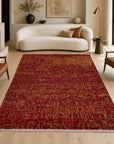 Red sari-silk Anand rug in a contemporary living room