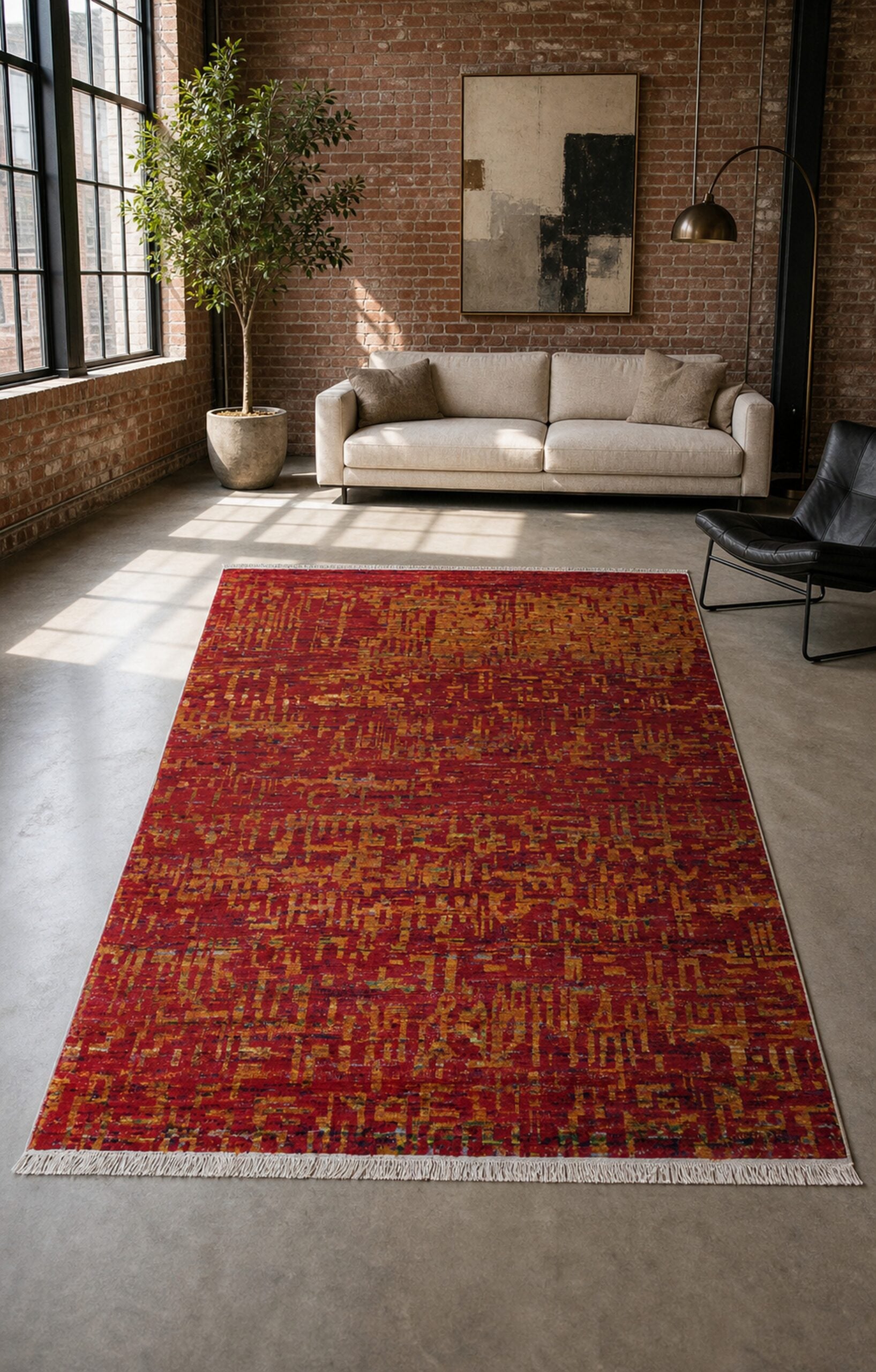 Red abstract sari-silk Anand rug in an urban loft living space