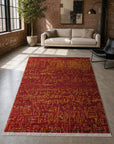 Red abstract sari-silk Anand rug in an urban loft living space