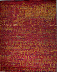 Hand-knotted sari-silk red abstract Anand area rug, 8 x 10, full overhead view