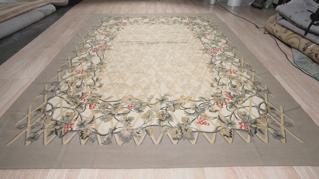 Vintage Aubusson Flat Weave Rug, Grey Grapevine Trellis, detail video