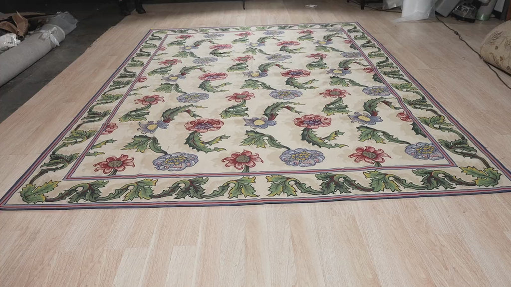 Vintage Aubusson Flat Weave Rug, Ivory Garden Blossom, detail video