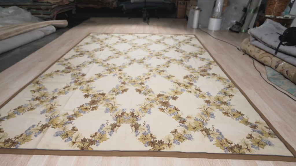 Vintage Aubusson Flat Weave Rug, Ivory Grapevine Lattice, detail video